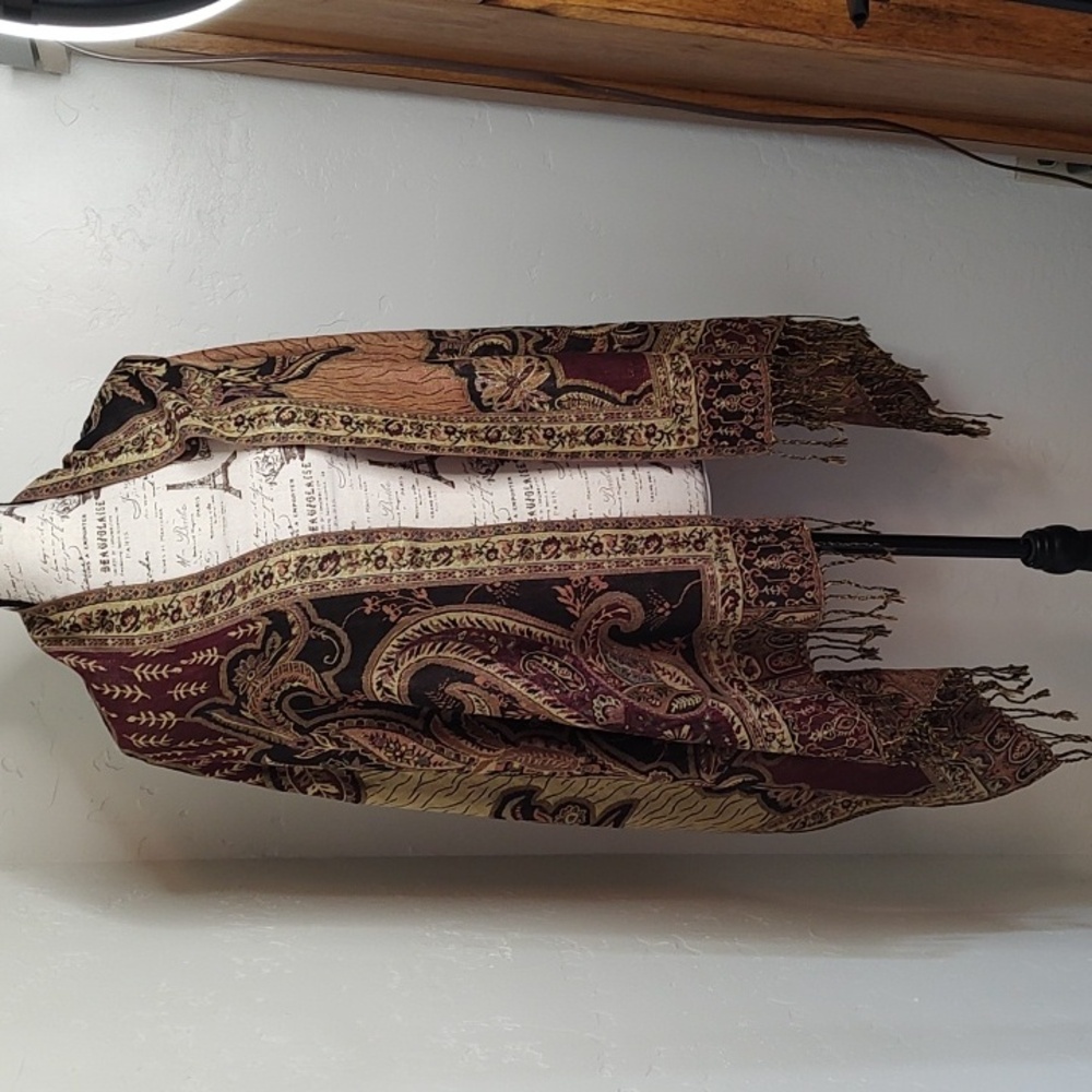 Waverly Scarf Wrap Vintage Fringe Black Multi Color Paisley